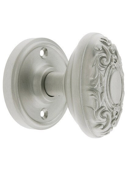 Classic Rosette Door Set With Decorative Oval Knobs Single Dummy in Satin Nickel.